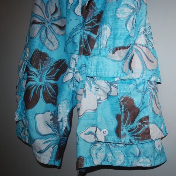 Aeropostale Swim Trunks Cargo Pockets Lined Blue Brown Large Hawaiian Flowers - Picture 3 of 6